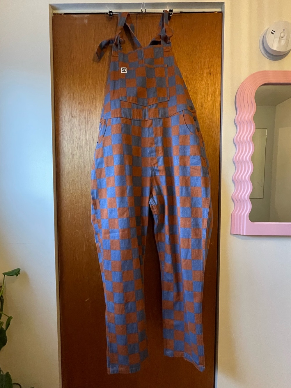 Lucy & Yak Checkerboard Tie-Strap Overalls - Blue & Brown - Picture 2 of 8